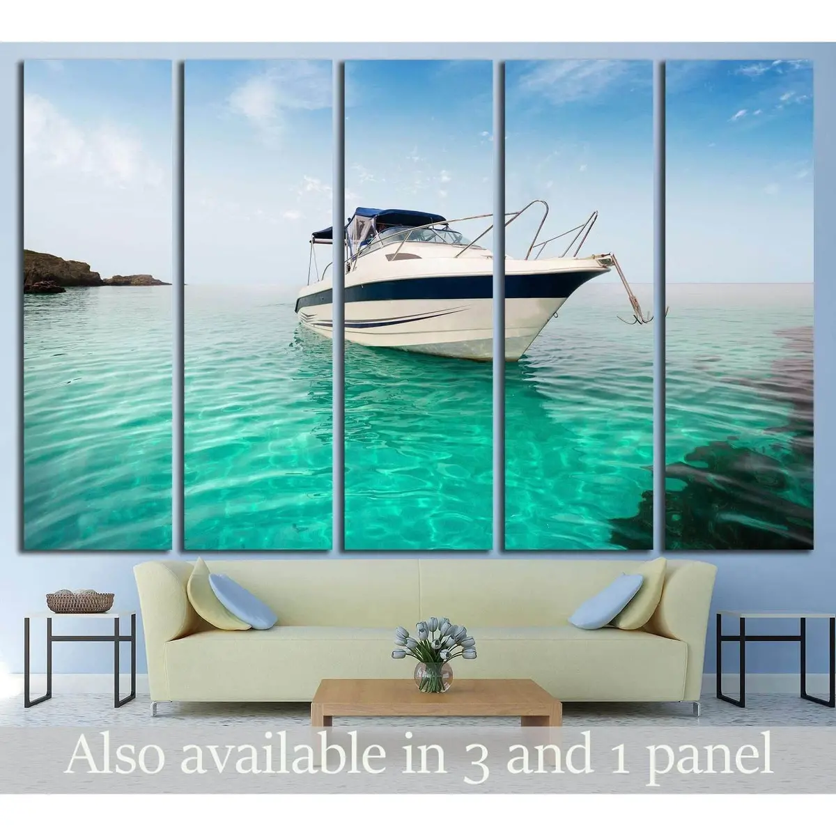 Coastal Motor Boat Beach Scene #1411 – Ready-to-Hang Canvas Print