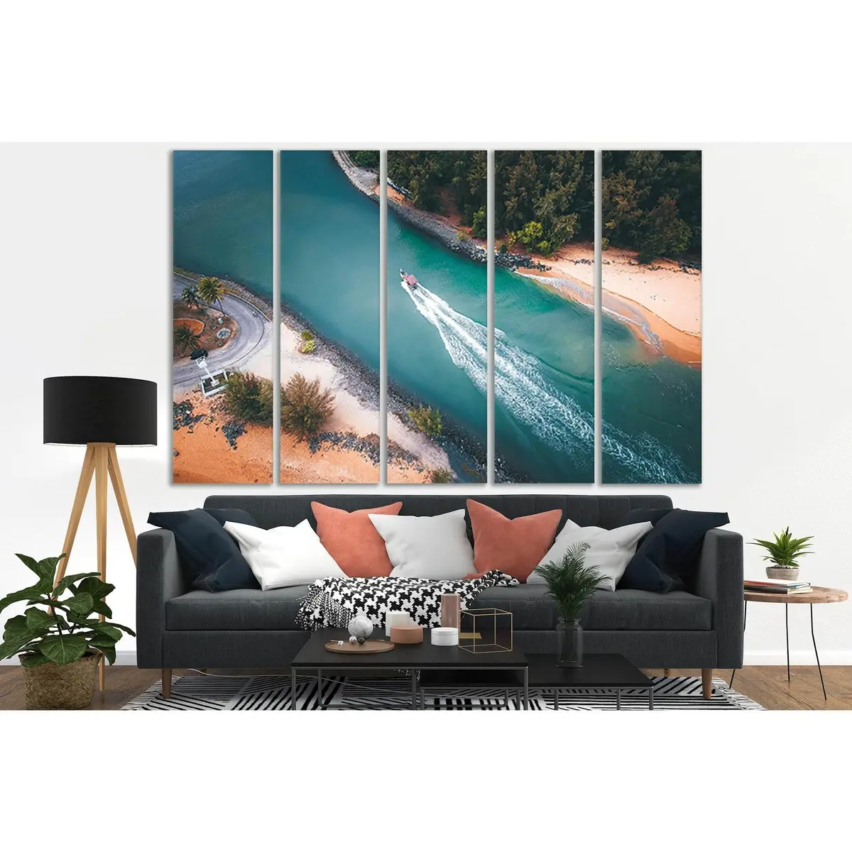 Motorboat Anchored Off Ocean Shore – SL164 Ready-to-Hang Canvas Art - Image 3