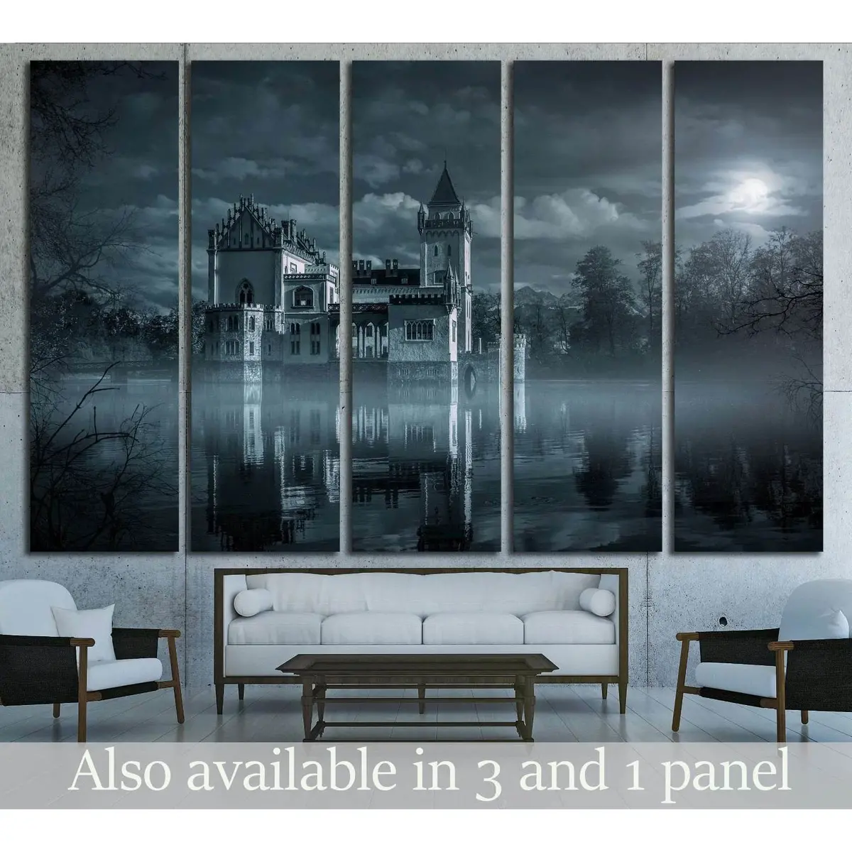 Moonlit Mystic Castle Over Water Canvas Art Print #1799