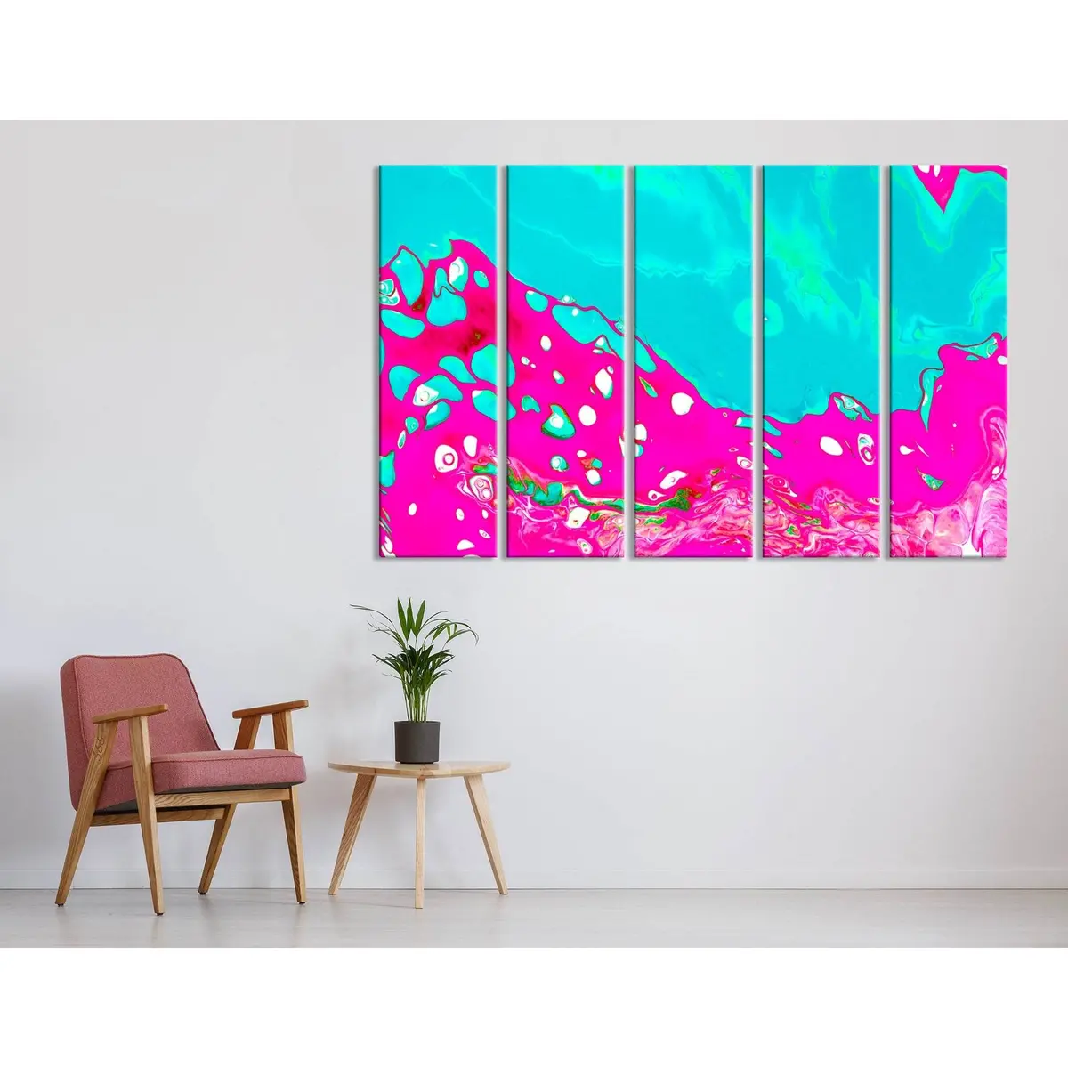 Vibrant Neon Crimson and Blue Abstract Canvas Wall Art – Ready-to-Hang, #04417