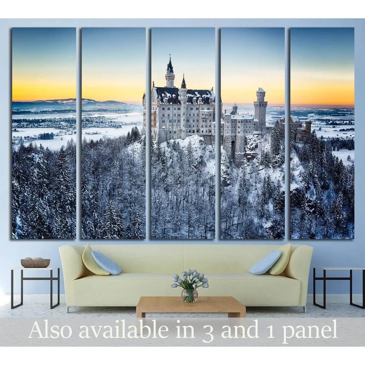 Stunning Neuschwanstein Castle winter sunset canvas print—ready-to-hang wall art featuring a serene German alpine landscape