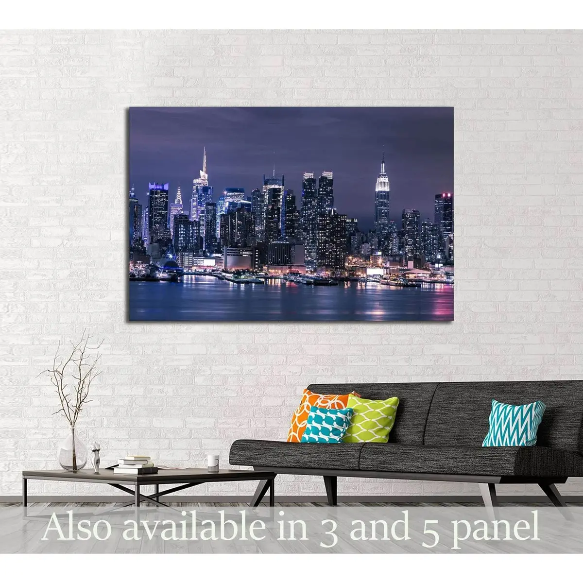 New York City Manhattan Skyline Panorama At Night Over Hudson River №2622 Ready To Hang Canvas Print 1