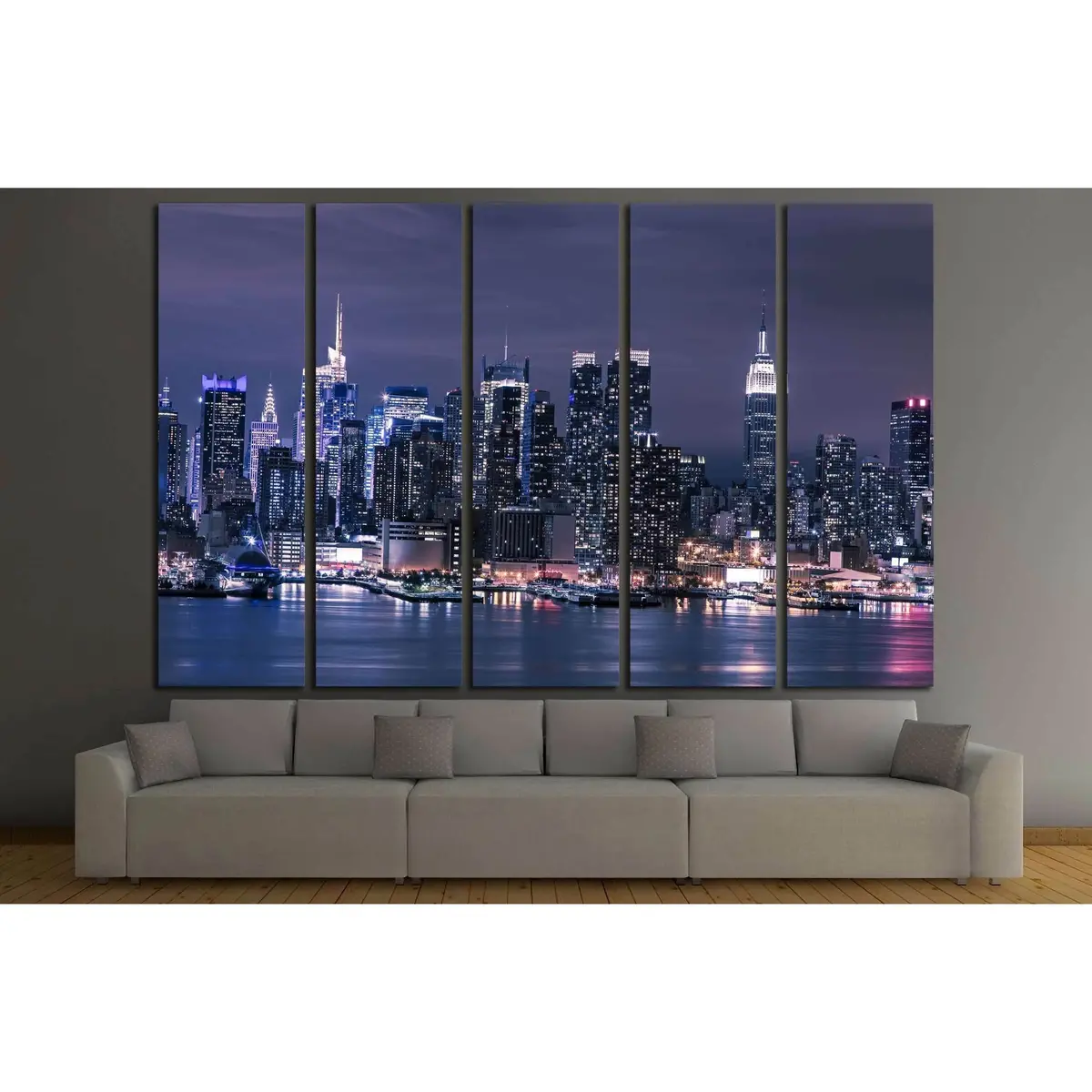 Manhattan Night Skyline Canvas Art – Hudson River Panorama Print #2622 - Image 3