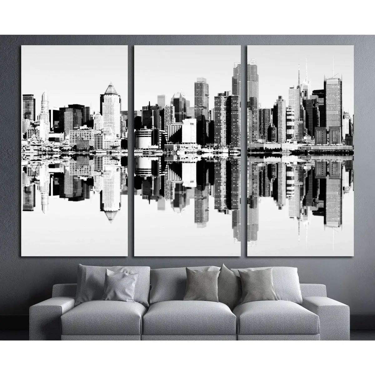 New York City Skyline Over The Hudson River. Black And White Skyline Mirror Reflection №2586 Ready To Hang Canvas Print 5