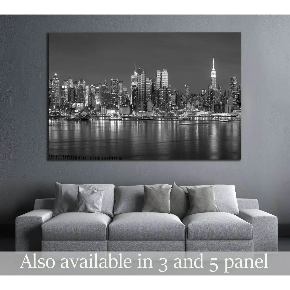 New York City With Skyscrapers Illuminated Over Hudson River Panorama In Black And White №2660 Ready To Hang Canvas Print 1
