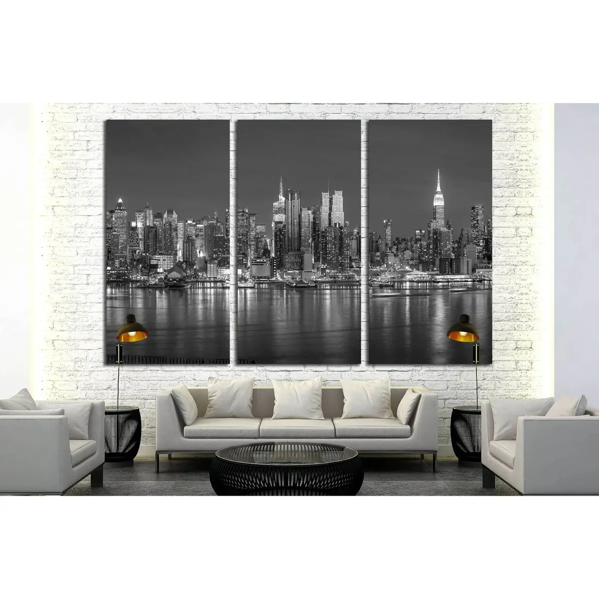 New York City With Skyscrapers Illuminated Over Hudson River Panorama In Black And White №2660 Ready To Hang Canvas Print 5