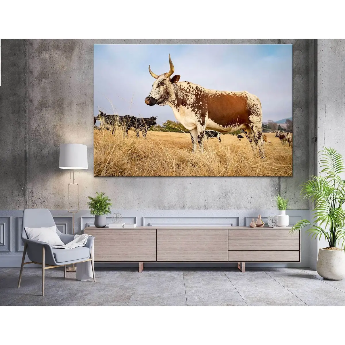 Nguni Cow Standing In Field №04132 Ready To Hang Canvas Print 1