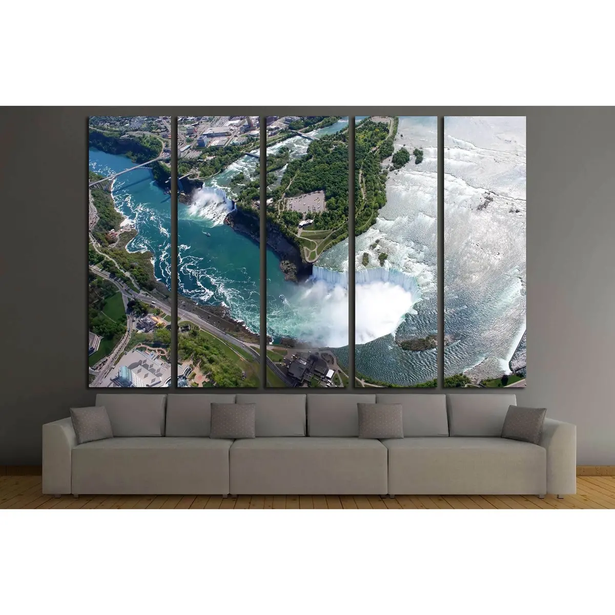 Aerial Helicopter View of Niagara Falls: USA & Canada Side Canvas Wall Art #3212 - Image 3