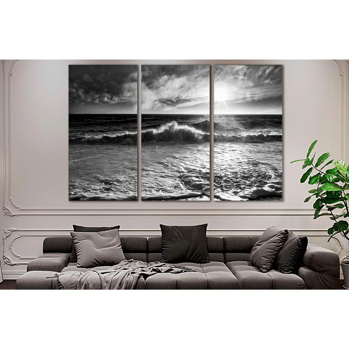 Ocean Waves With A Sunburst And Lens Flare On A Windy Day In Black And White. №2925 Ready To Hang Canvas Print 1