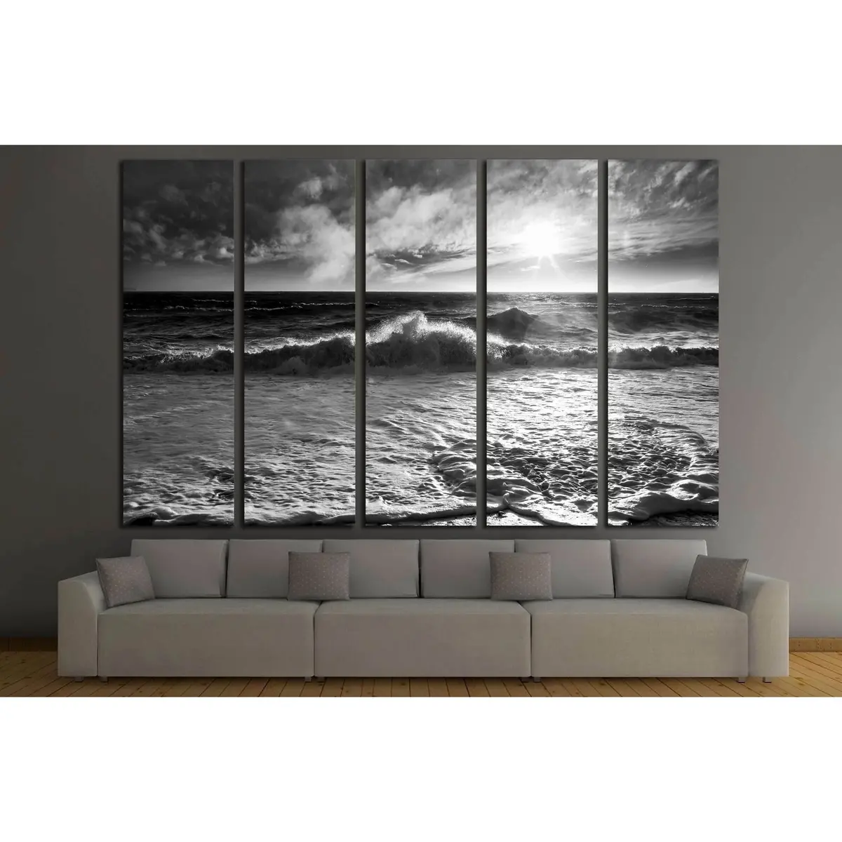 Black & White Ocean Waves Art with Sunburst and Lens Flare – Windy Day Canvas Print, Ready to Hang #2925 - Image 3