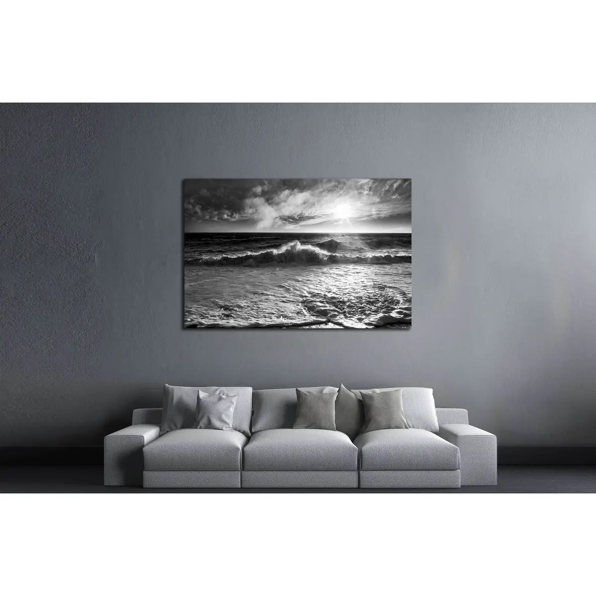 Ocean Waves With A Sunburst And Lens Flare On A Windy Day In Black And White. №2925 Ready To Hang Canvas Print 3