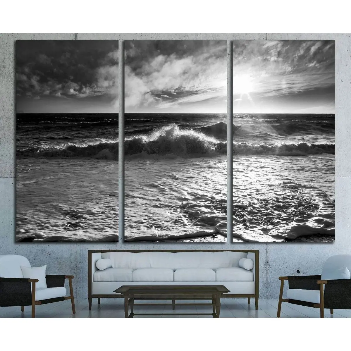 Ocean Waves With A Sunburst And Lens Flare On A Windy Day In Black And White. №2925 Ready To Hang Canvas Print 5