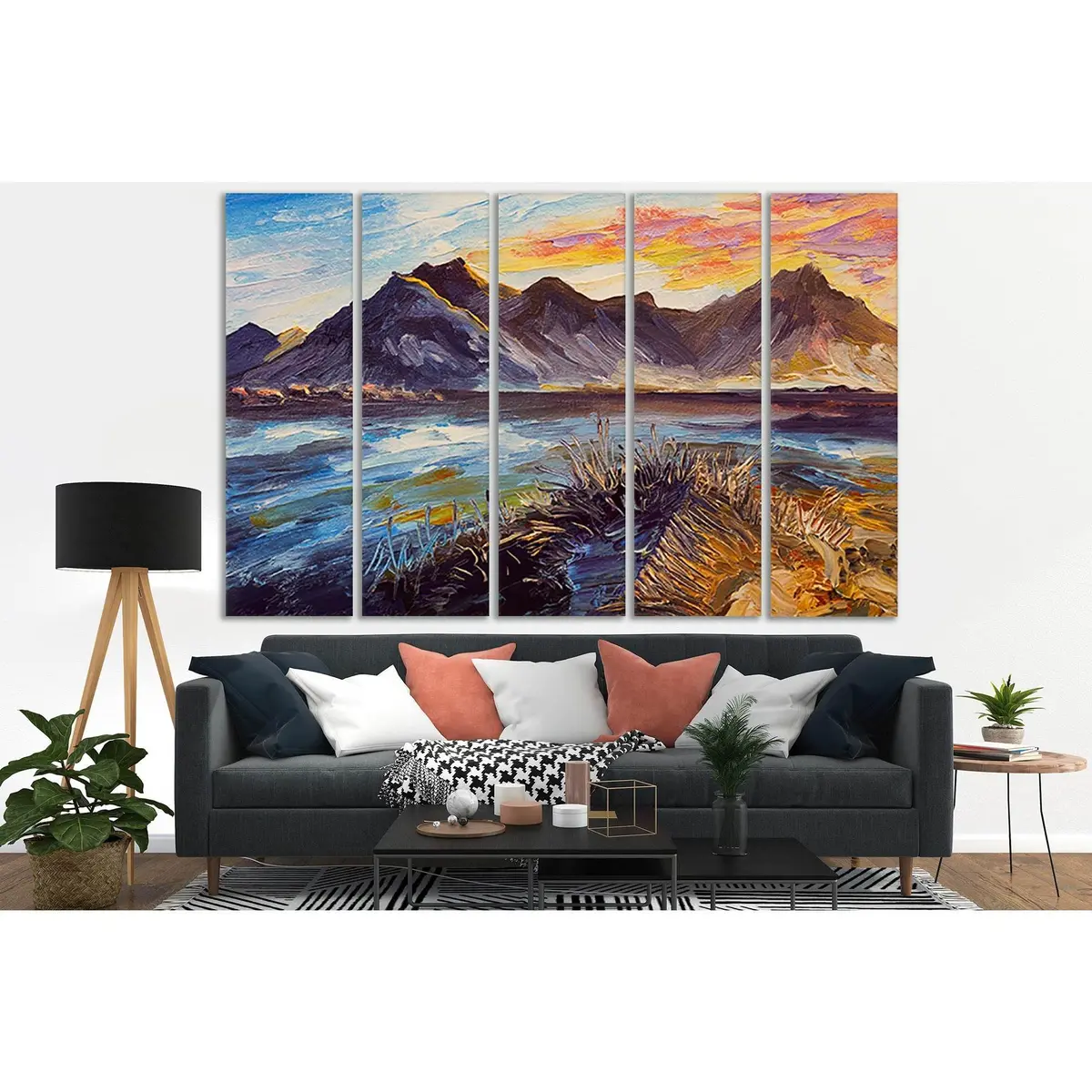 Pink Sunset Oil Painting: Coastal Sea and Mountain Landscape Canvas Art (SL599)