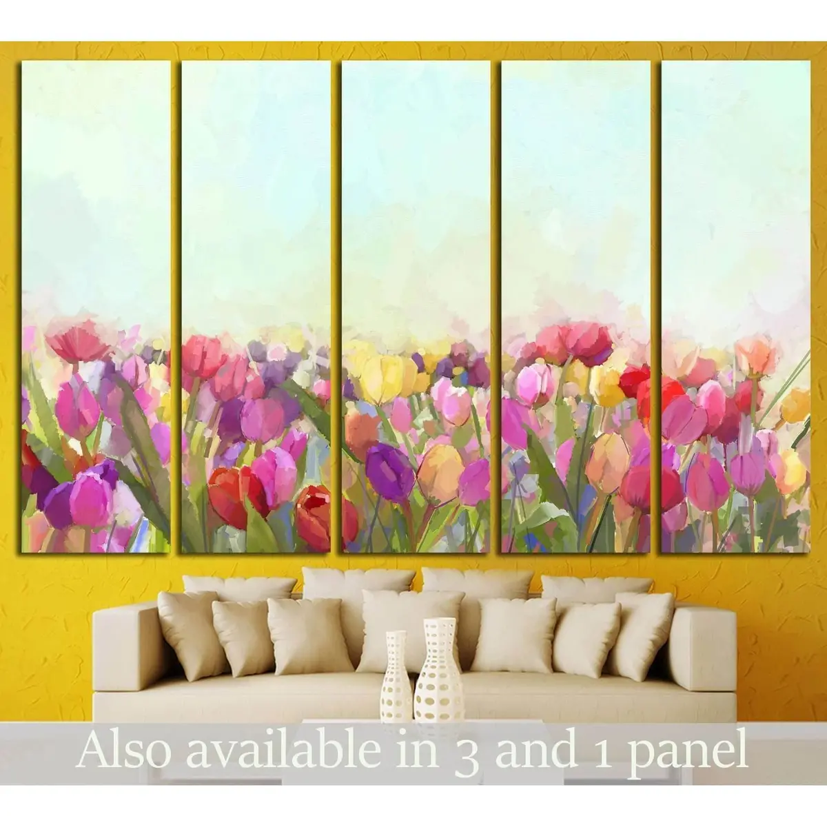 Vibrant Yellow, Pink & Red Tulips Oil Painting Canvas Art – Ready-to-Hang Floral Wall Decor