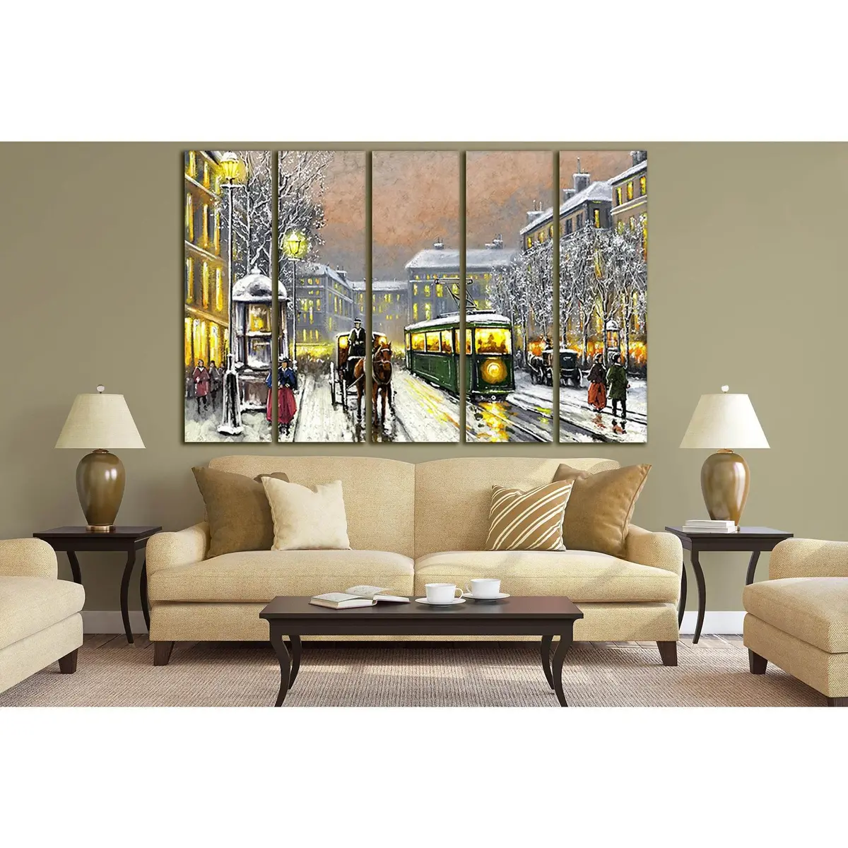 Vintage Tram Street Scene Oil Painting №SL591 – Ready-to-Hang Canvas Art