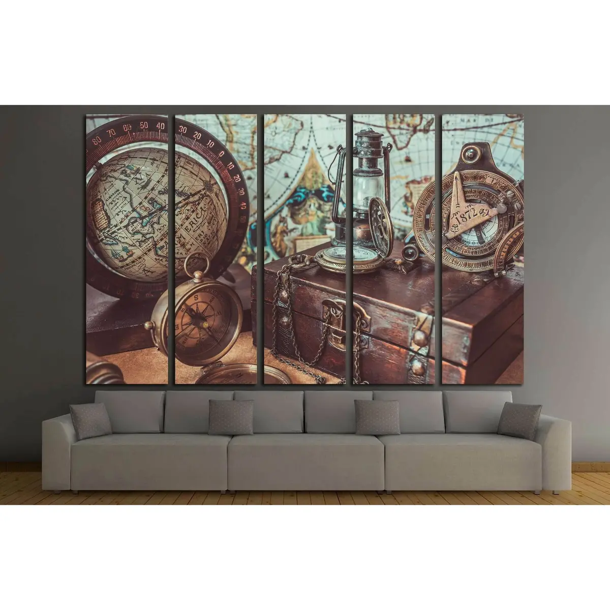 Vintage Compass & Oil Lamp Canvas Art – Rare Antique-Inspired Ready-to-Hang Wall Decor - Image 3