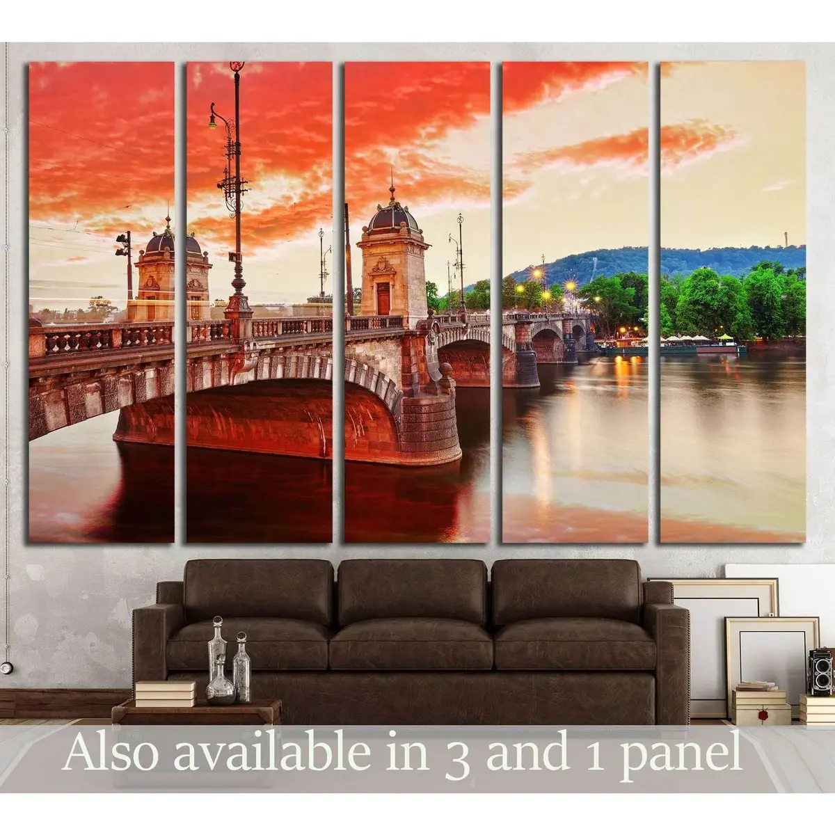 Vintage-inspired canvas print featuring the historic Bridge Legii along the Vltava River waterfront in Prague, Czech Republic — ready-to-hang wall art