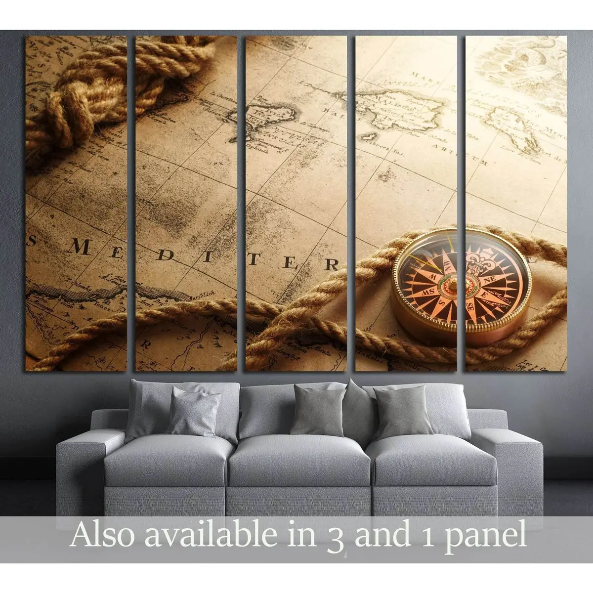 Vintage Compass and Rope on Antique Map Canvas Wall Art №2816 – Ready-to-Hang Decor
