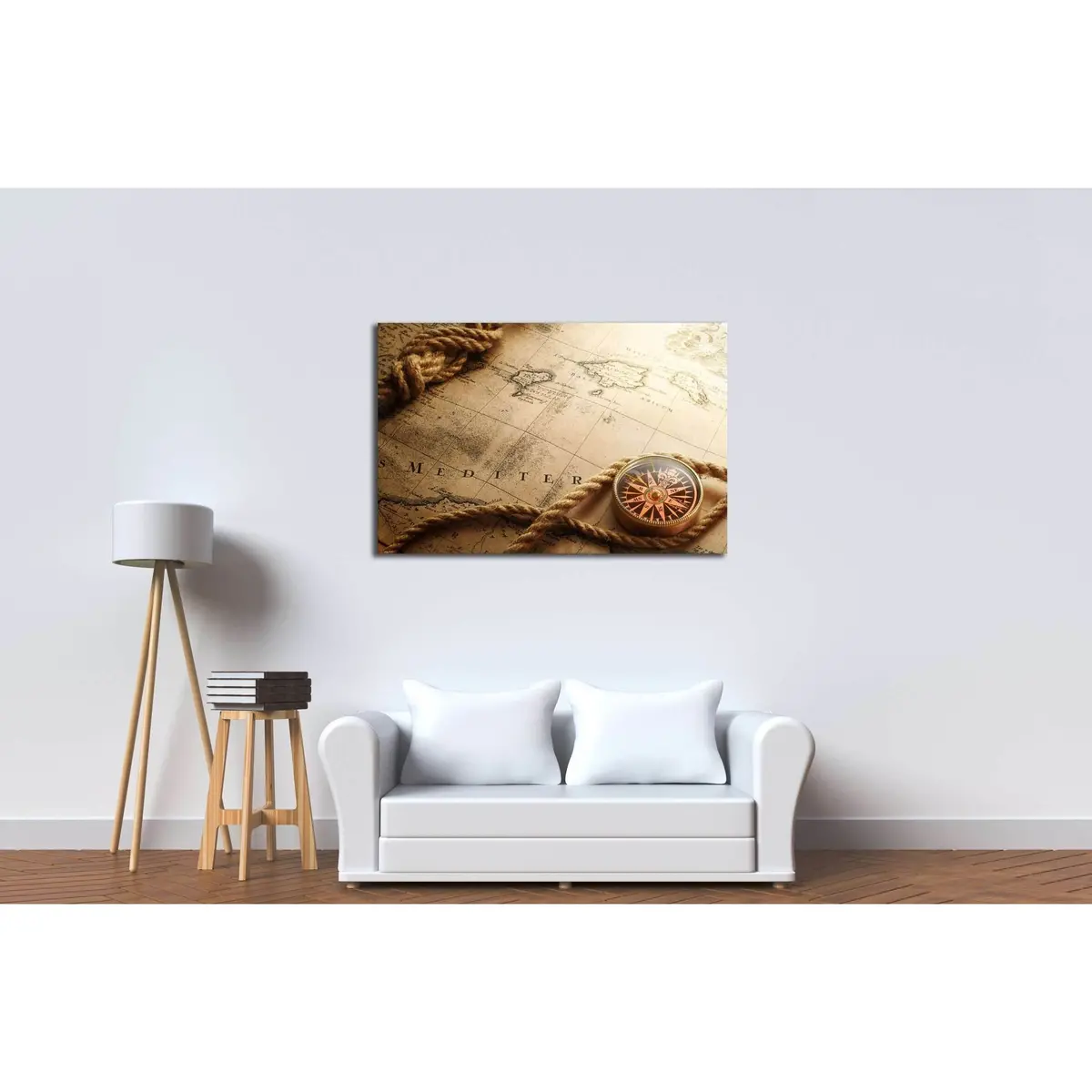 Old Compass And Rope On Vintage Map №2816 Ready To Hang Canvas Print 3