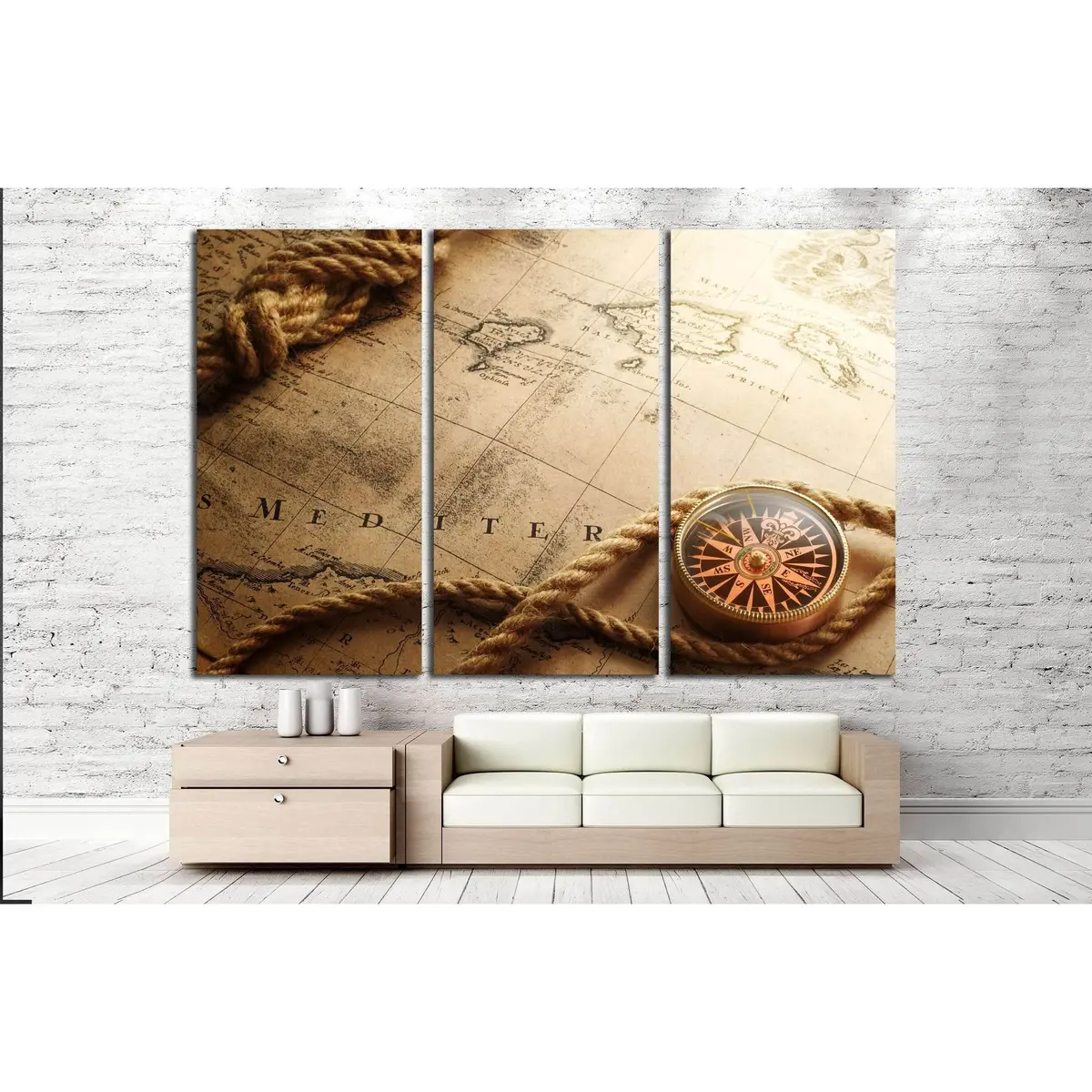 Old Compass And Rope On Vintage Map №2816 Ready To Hang Canvas Print 5