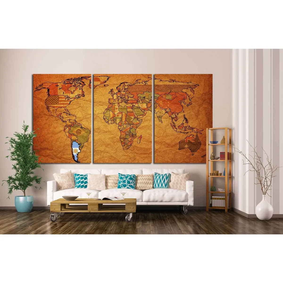 Old Political Map Of World With Flag Of Argentina №1321 Ready To Hang Canvas Print 5