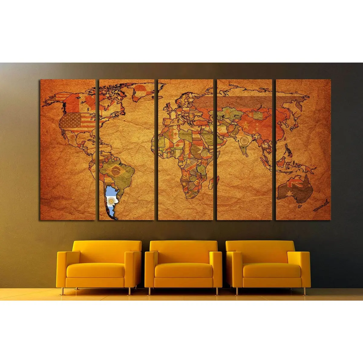Vintage World Political Map Canvas Art Featuring Argentina Flag – Ready-to-Hang Wall Decor - Image 3