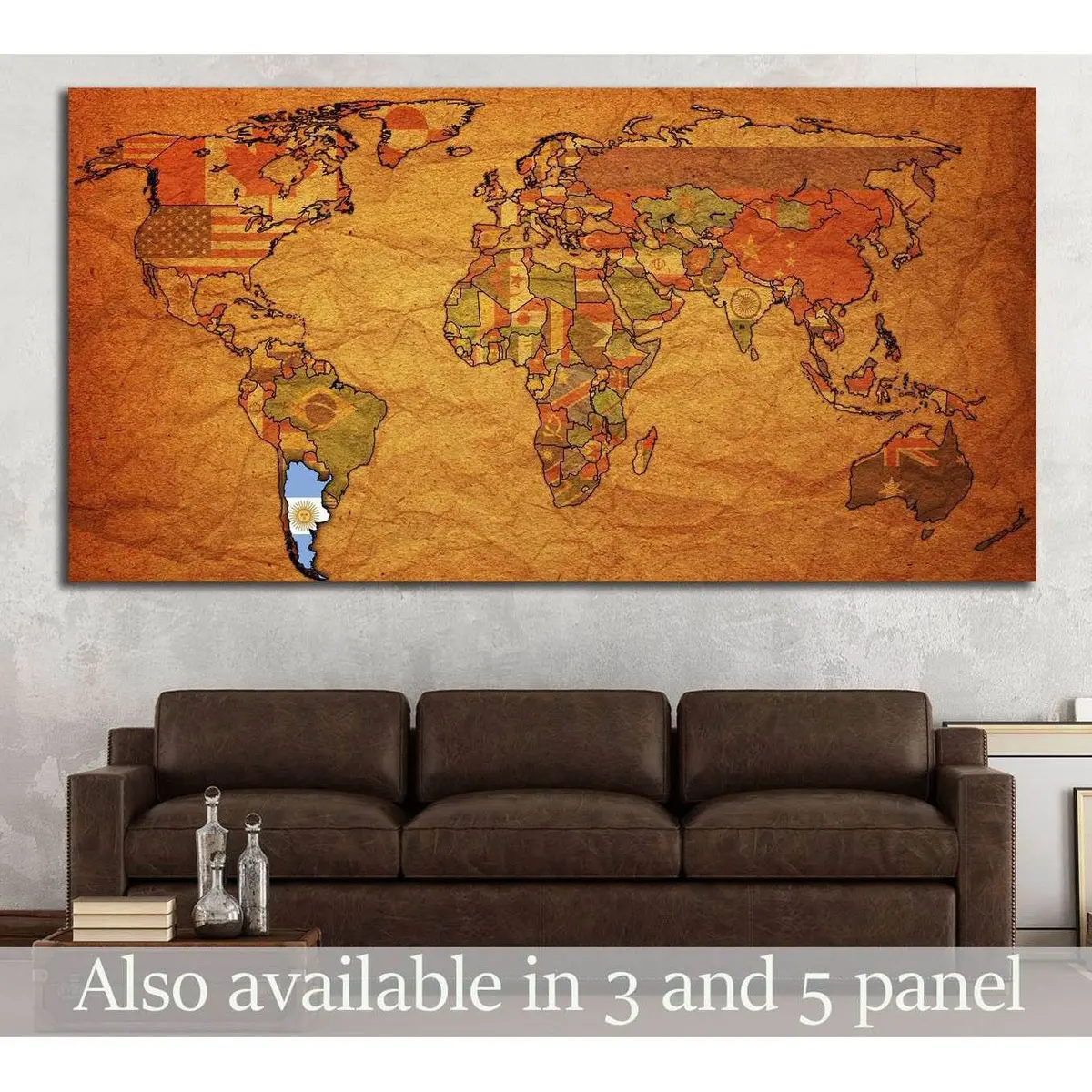 Old Political Map Of World With Flag Of Argentina №1321 Ready To Hang Canvas Print 1