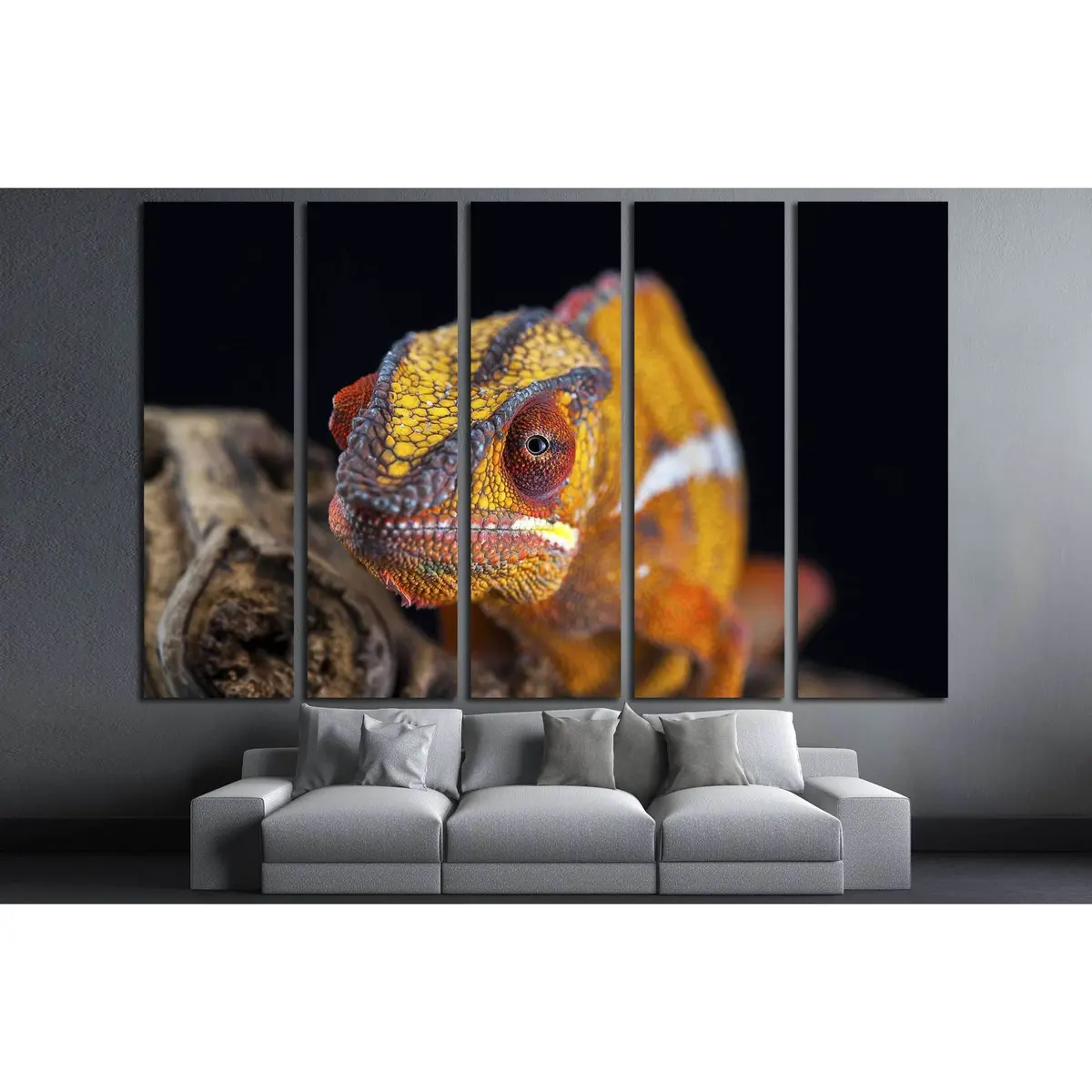Vibrant Orange Chameleon Wall Art – Ready-to-Hang Canvas Print on Black Background - Image 3