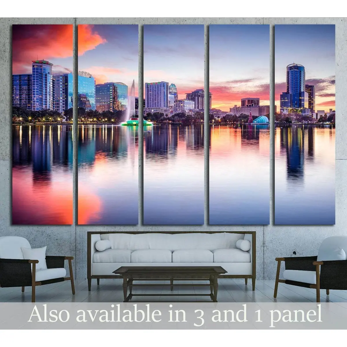 Ready-to-Hang Canvas Print of Orlando’s Iconic Skyline with Reflective Lake Eola Scene