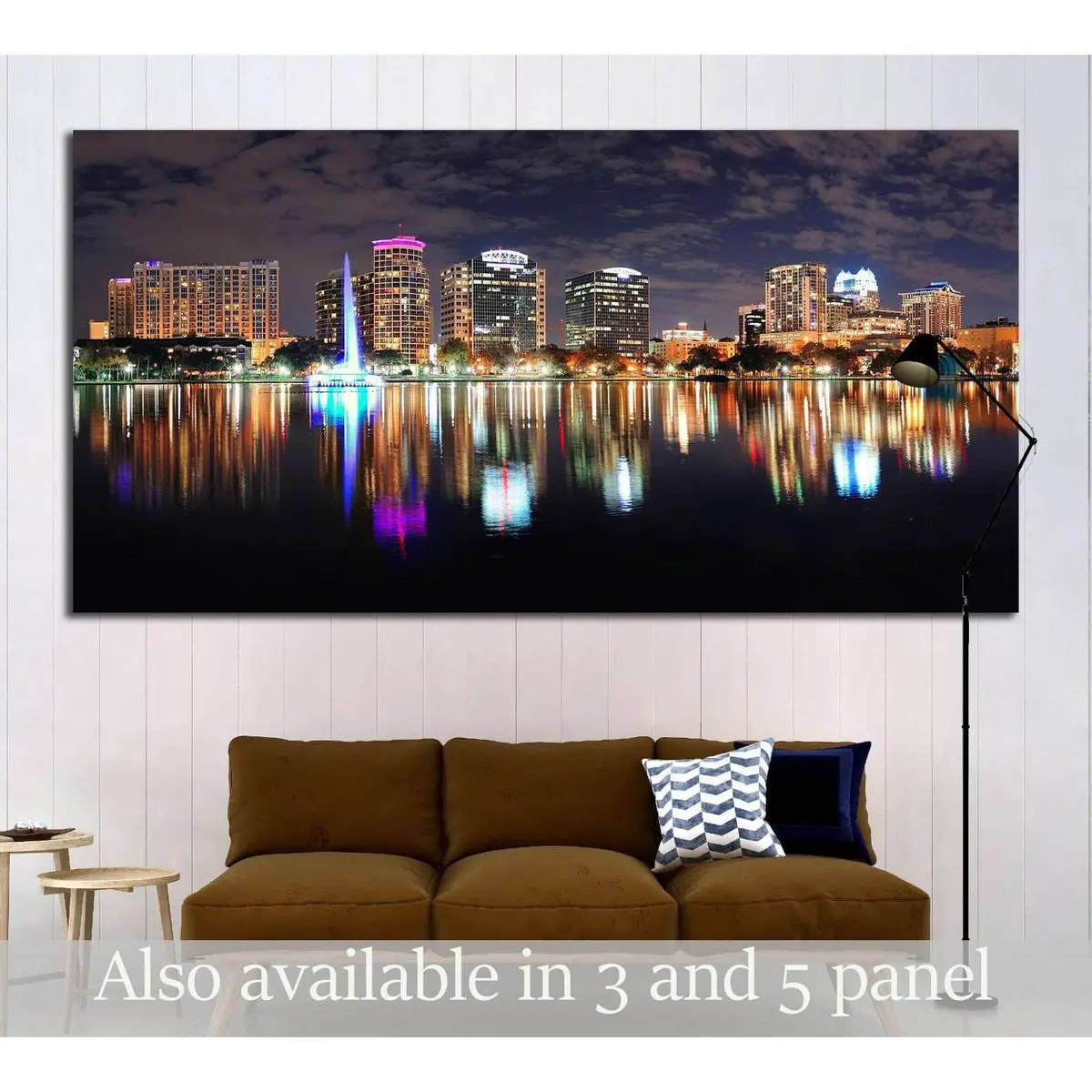 Orlando Lake Eola Panorama With Office Buildings At Night №1932 Ready To Hang Canvas Print 1