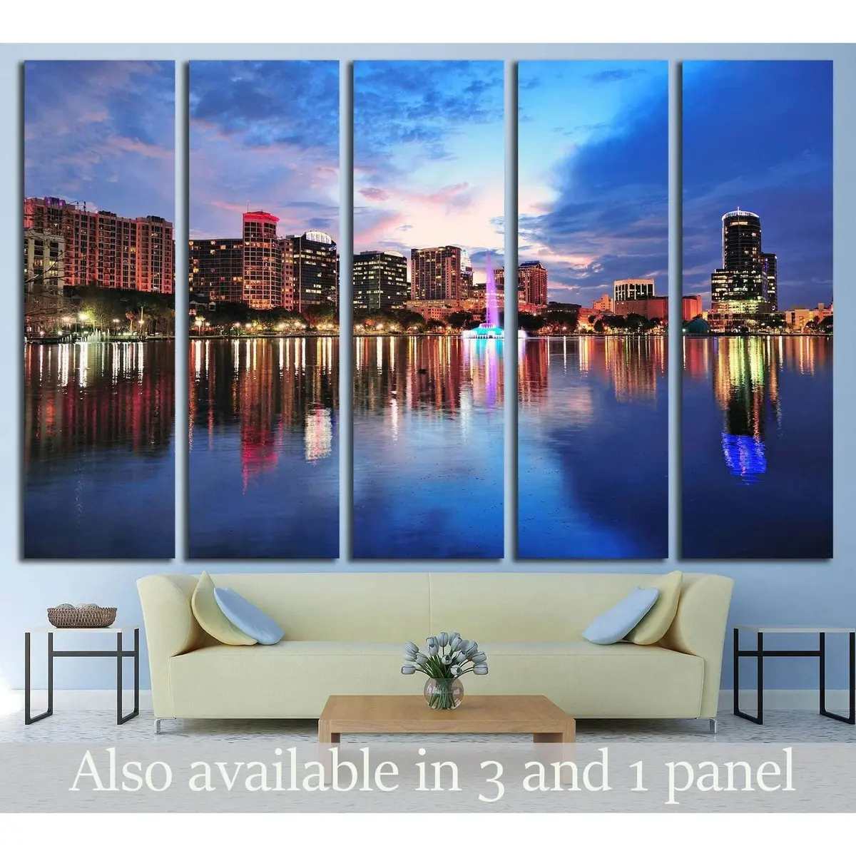 Sunset Orlando Cityscape Canvas Art — Lake Eola Reflection & Downtown Skyscrapers, Ready-to-Hang #1671