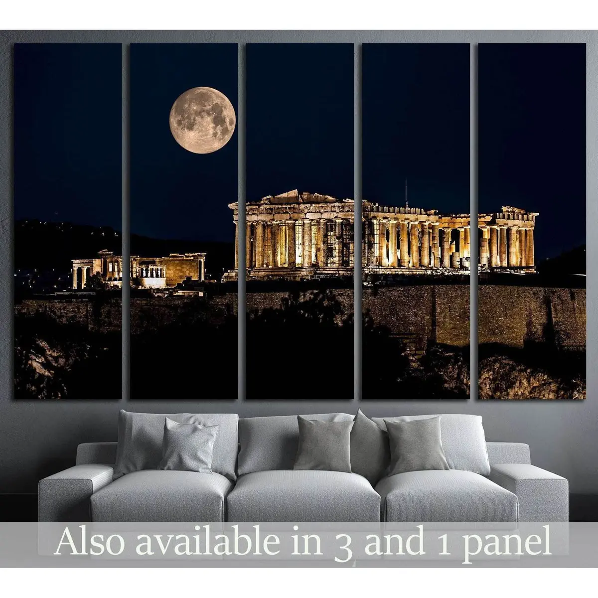 Stunning Parthenon of Athens Nighttime Canvas Wall Art Featuring Full Moon Lighting