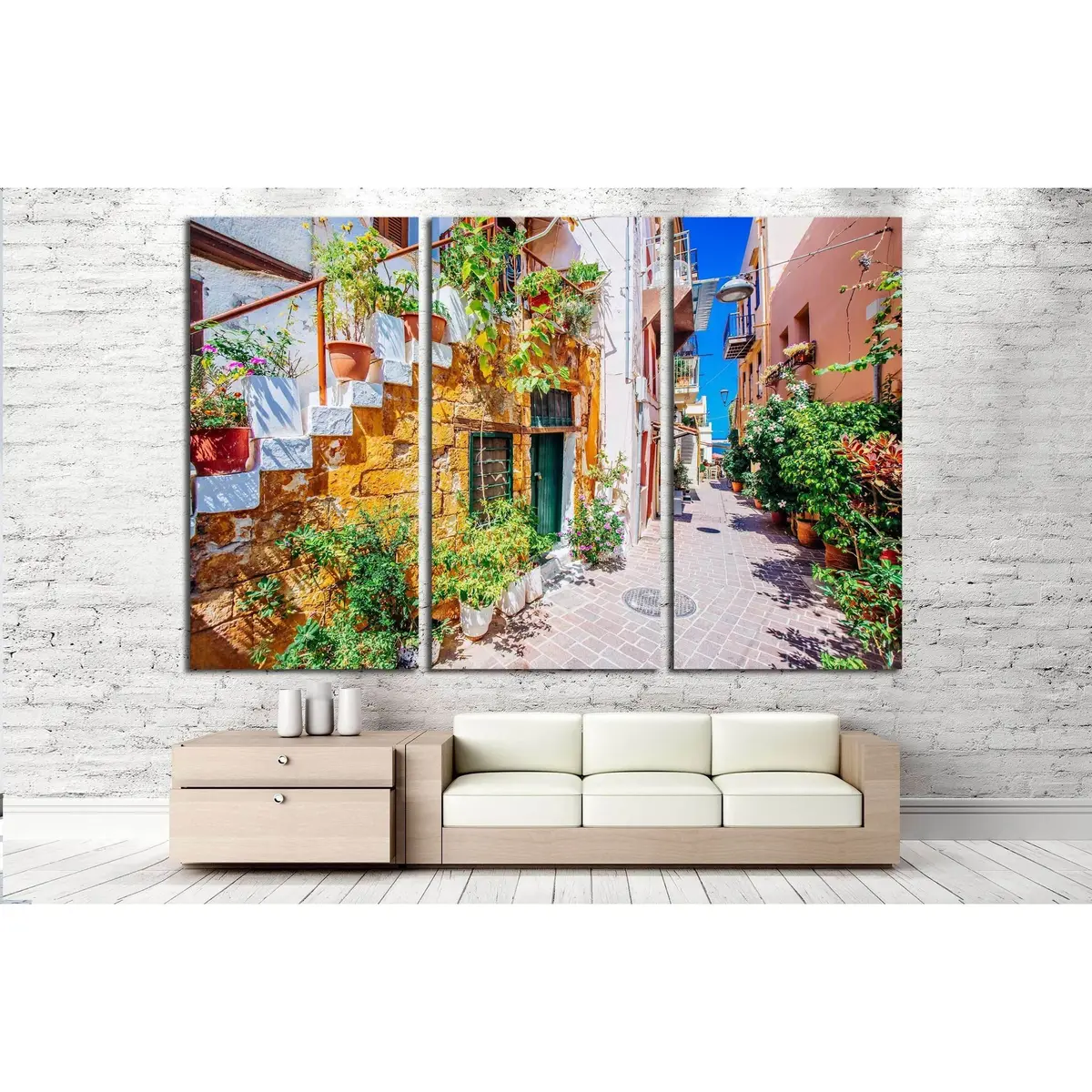 Pictoresque Mediterranean Street With Stairs And Flower Pots, Chania, Island Of Crete, Greece №3053 Ready To Hang Canvas Print 5