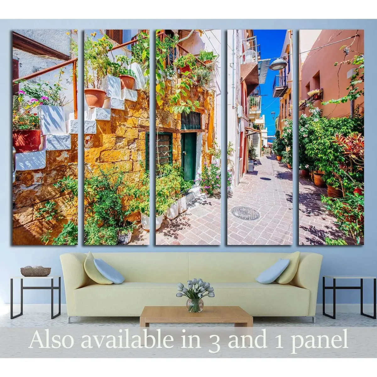 Charming Chania Street Scene with Stairs and Colorful Flower Pots, Crete, Greece – Ready-to-Hang Canvas Wall Art