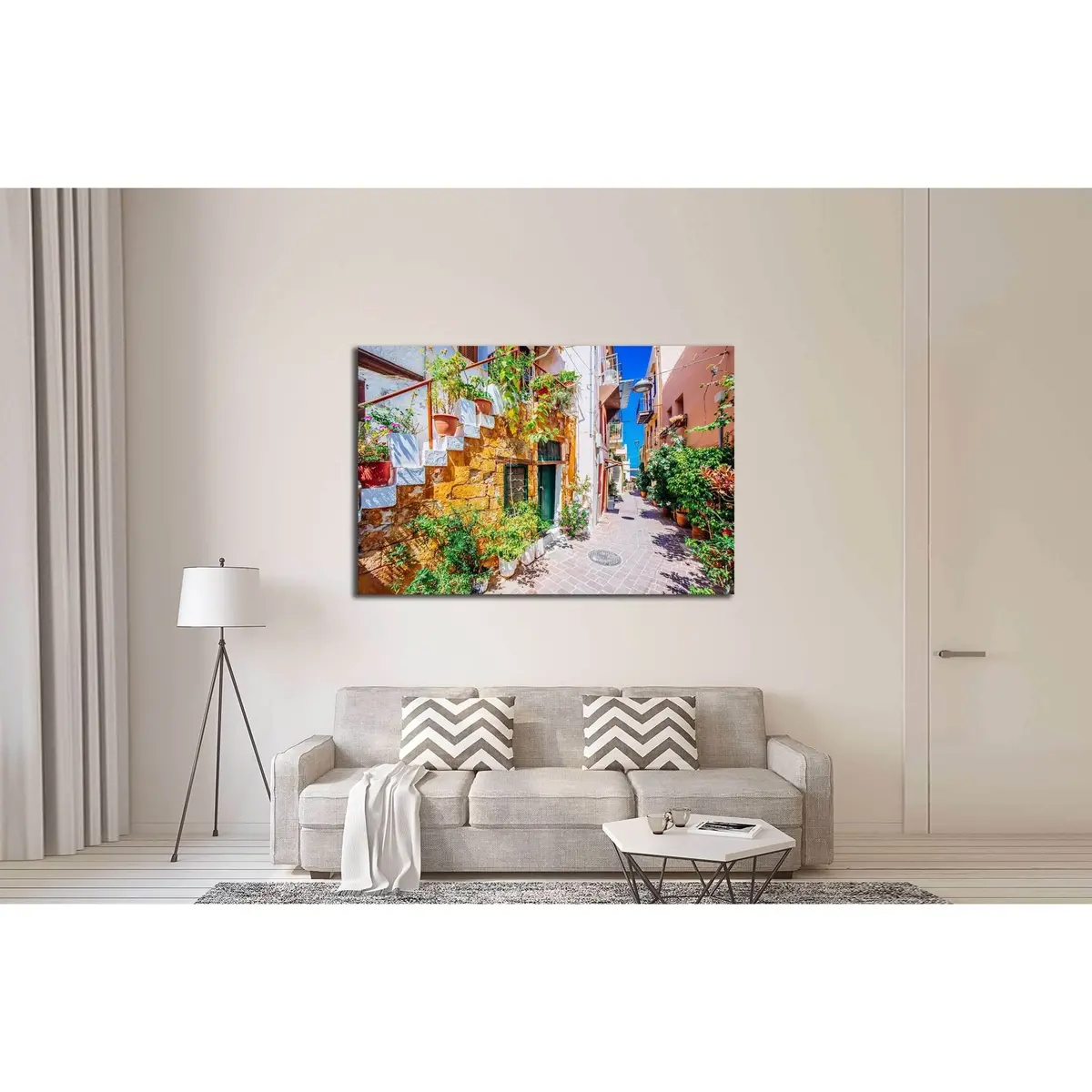 Pictoresque Mediterranean Street With Stairs And Flower Pots, Chania, Island Of Crete, Greece №3053 Ready To Hang Canvas Print 3