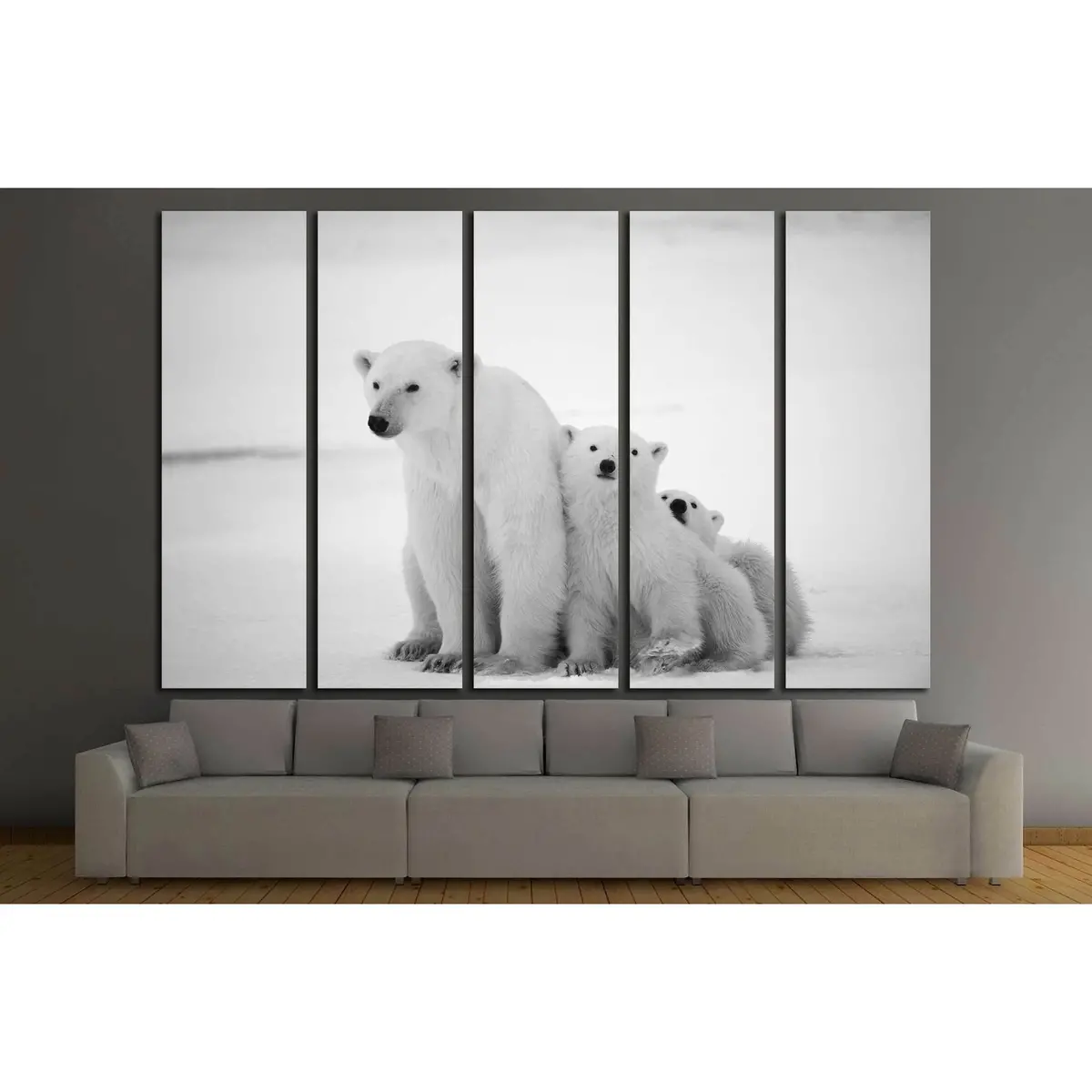 Arctic Mother Polar Bear with Two Cubs in Snowy Landscape №2338 – Ready-to-Hang Canvas Print - Image 2
