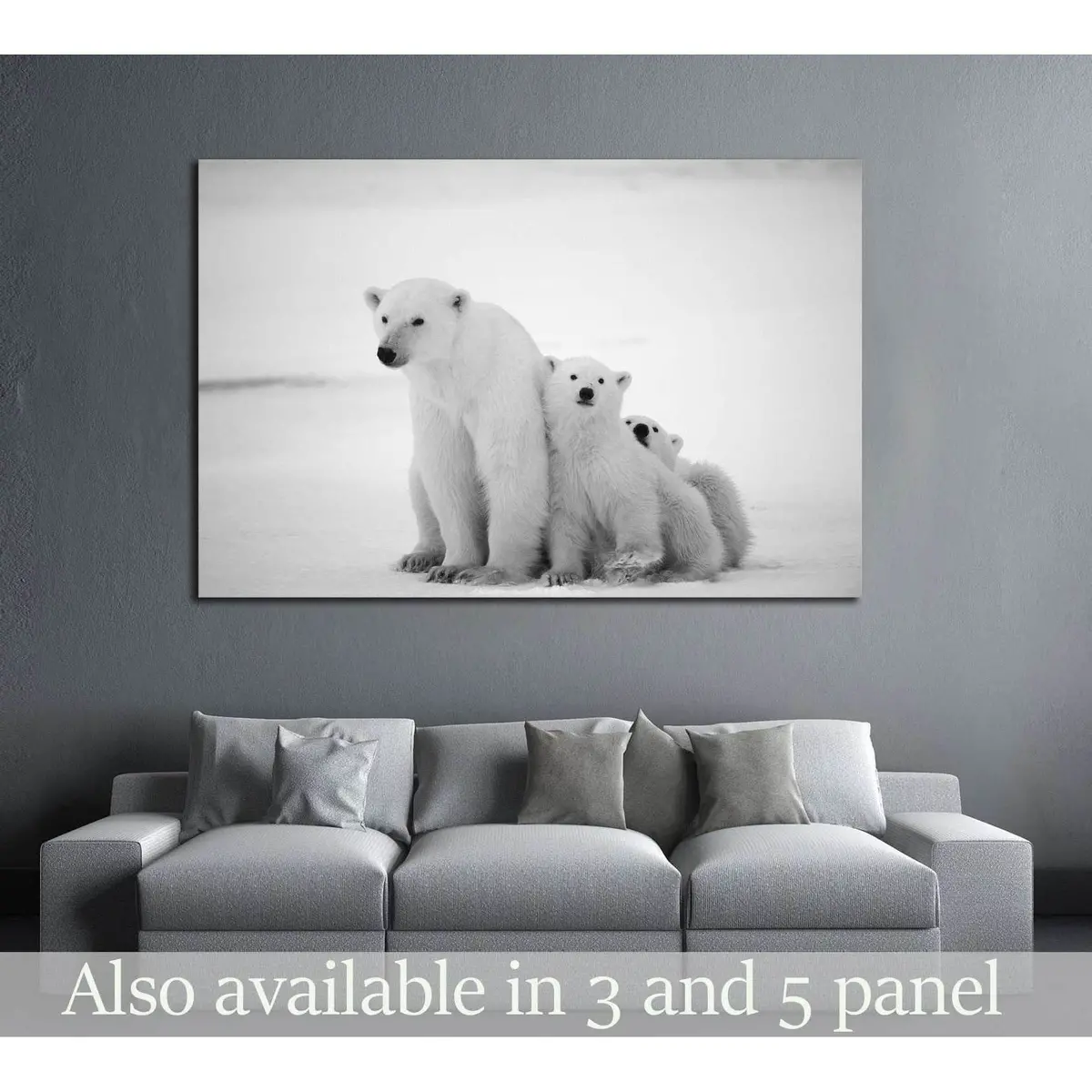 Polar She-Bear With Cubs. A Polar She-Bear With Two Small Bear Cubs. Around Snow №2338 Ready To Hang Canvas Print 1
