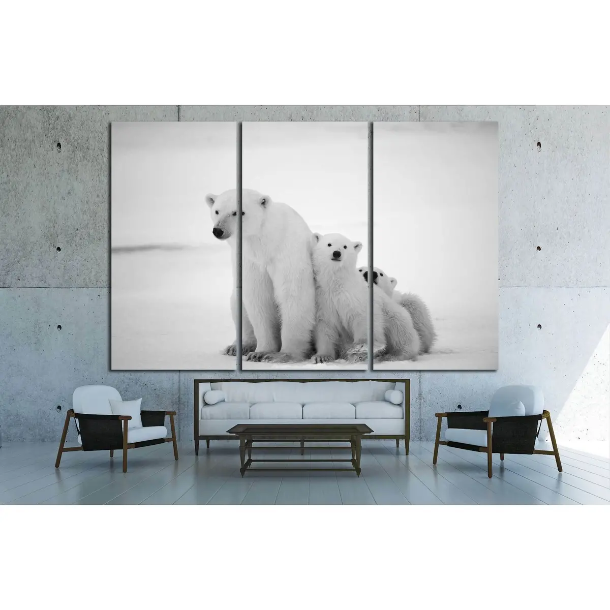 Polar She-Bear With Cubs. A Polar She-Bear With Two Small Bear Cubs. Around Snow №2338 Ready To Hang Canvas Print 5