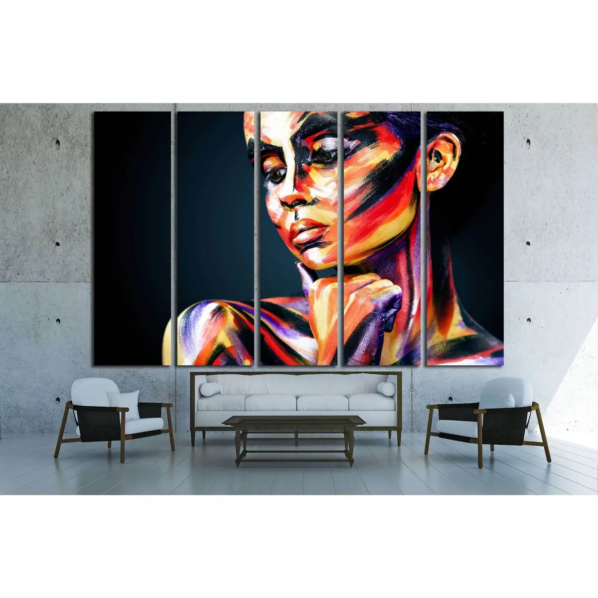 Vibrant Female Portrait Featuring Bold Colorful Makeup and Expressive Body Art – Ready-to-Hang Canvas Wall Art #2763 - Image 3