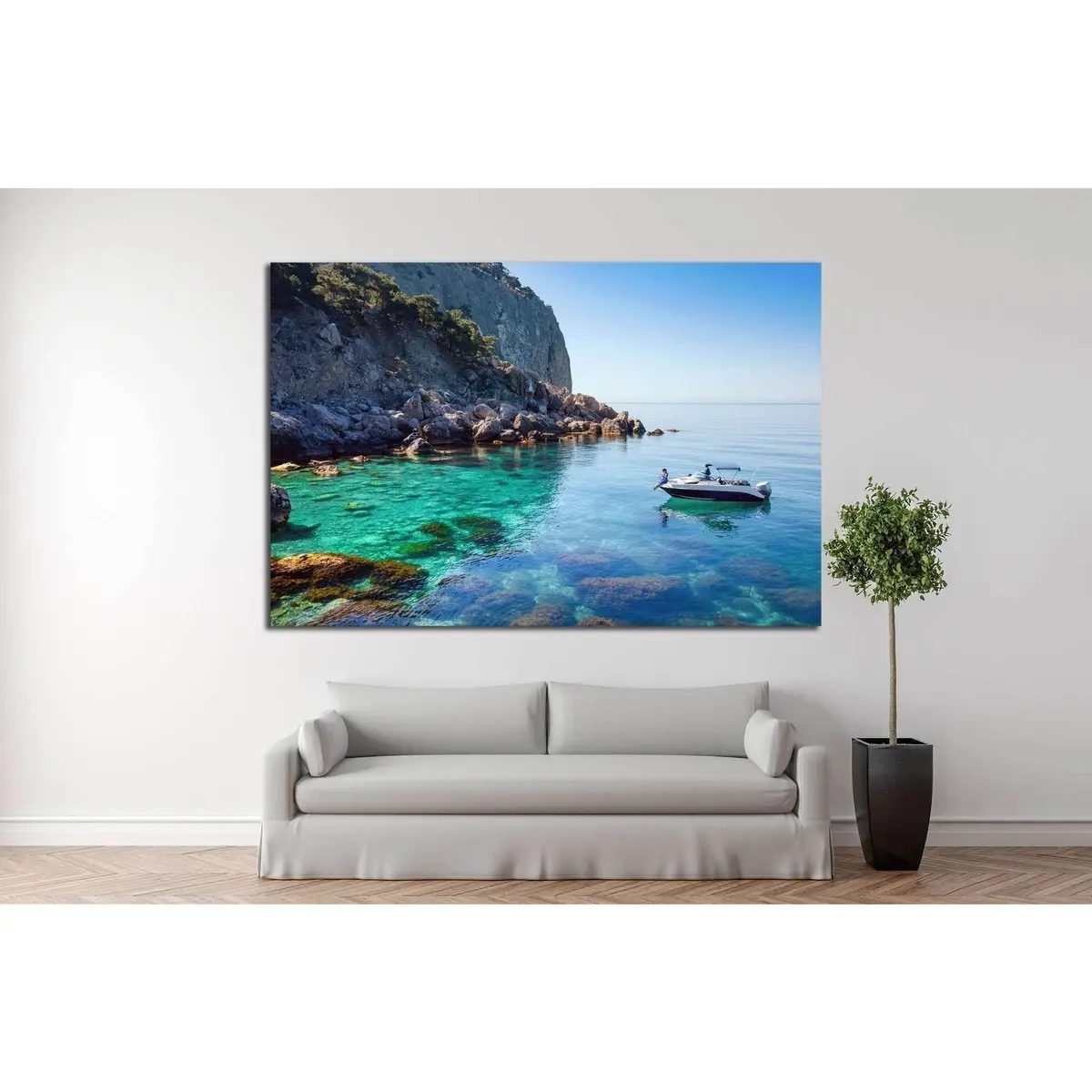 Recreation On The Boat Near The Shore Of A Beautiful Mountain №1409 Ready To Hang Canvas Print 2