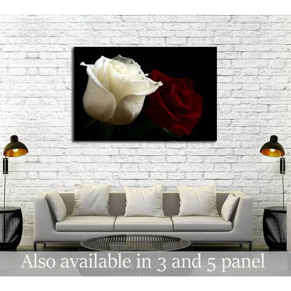 Red And White Roses With Water Drop On Black Background №3275 Ready To Hang Canvas Print 1