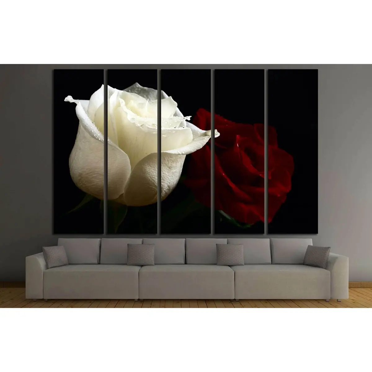 Elegant Red and White Roses with Dewdrop on Black Canvas Print – Ready-to-Hang Wall Art #3275 - Image 3