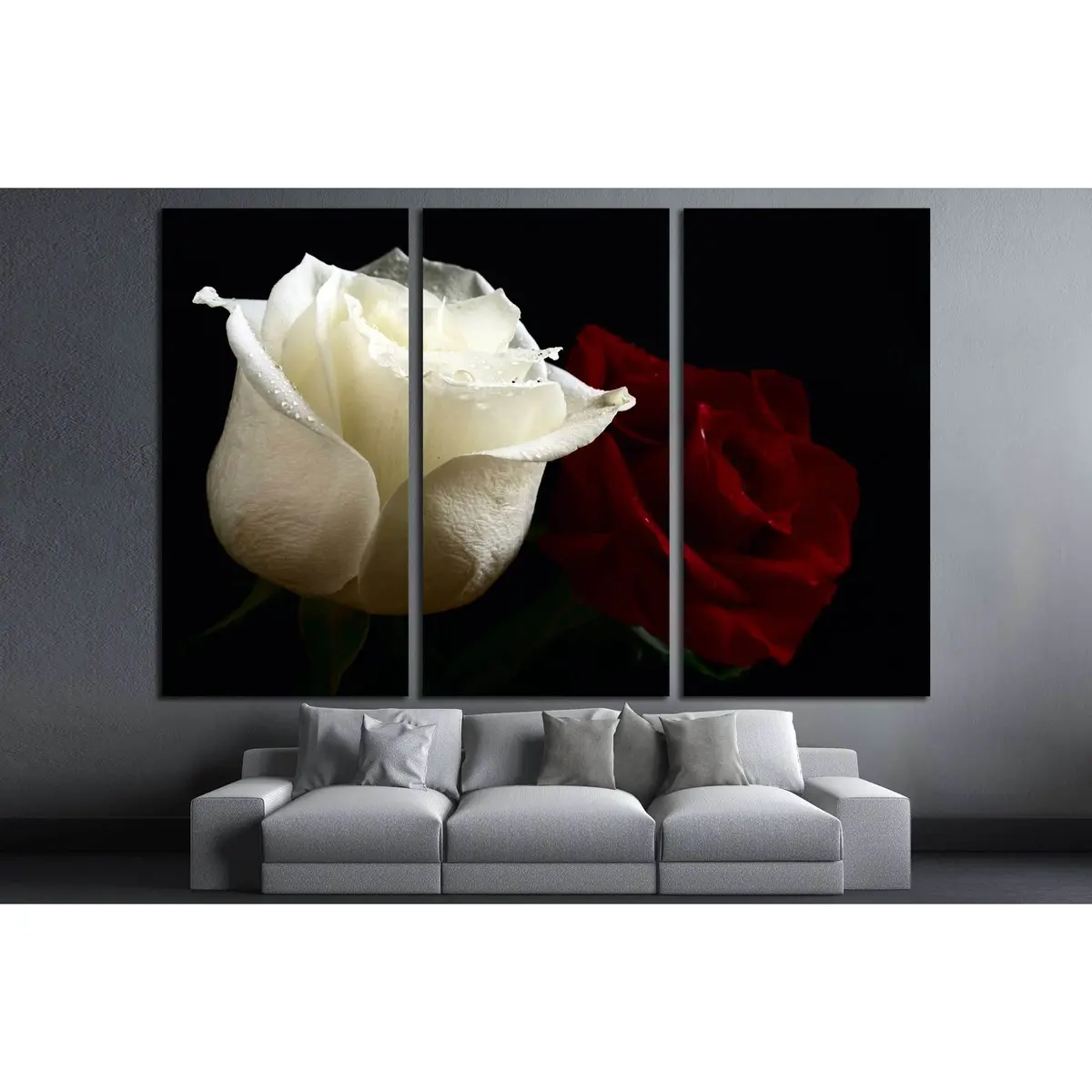 Red And White Roses With Water Drop On Black Background №3275 Ready To Hang Canvas Print 5