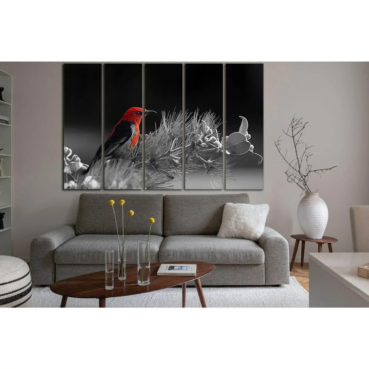 Black & White Red Bird on Flower Canvas Wall Art – SL848, Ready-to-Hang Decor - Image 3