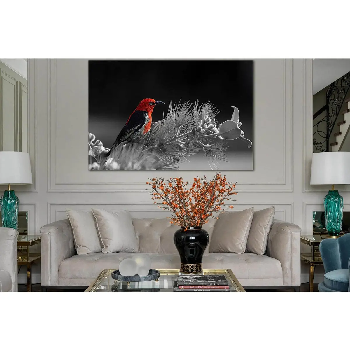 Red Bird On A Flower Black And White №Sl848 Ready To Hang Canvas Print 1