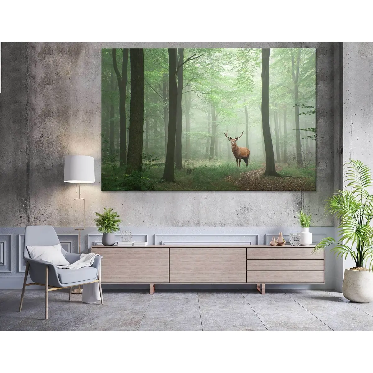 Red Deer Stag In Lush Green Fairytale In Froggy Forest №04142 Ready To Hang Canvas Print 1
