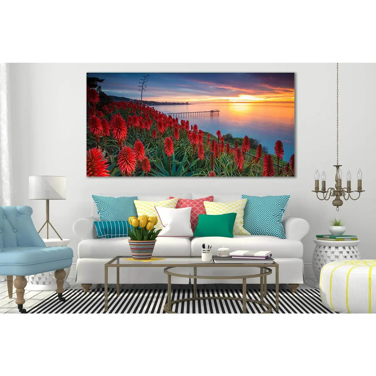 Red Flowers Pier Sunset №Sl234 Ready To Hang Canvas Print 2