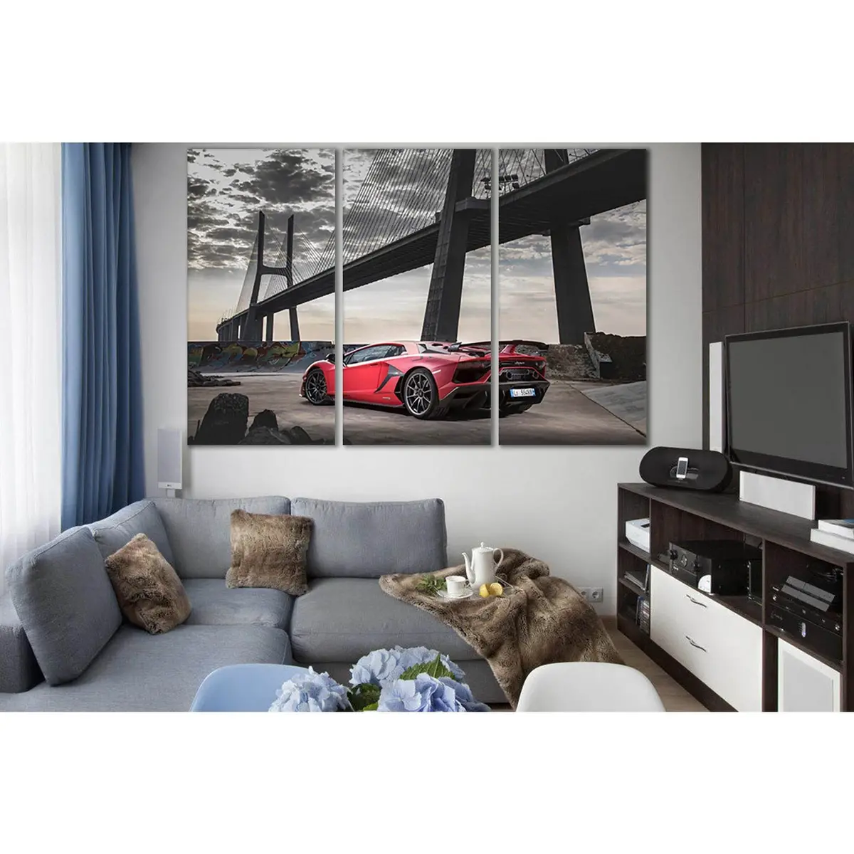 Red Sports Car Near The Bridge №Sl1127 Ready To Hang Canvas Print 5