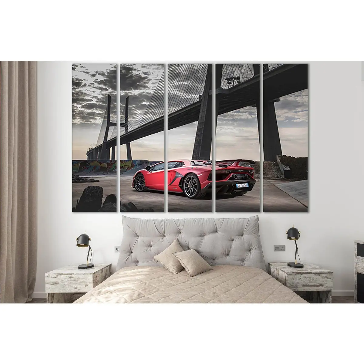 Vibrant Red Sports Car Bridge Scene #SL1127 – Ready-to-Hang Canvas Print - Image 3