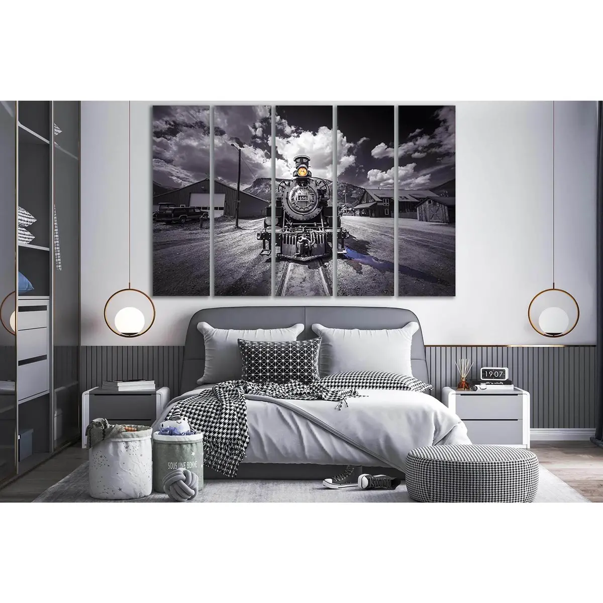 Vintage Train Black-and-White Canvas Art – SL743, Pre-Hung Wall Decor - Image 3